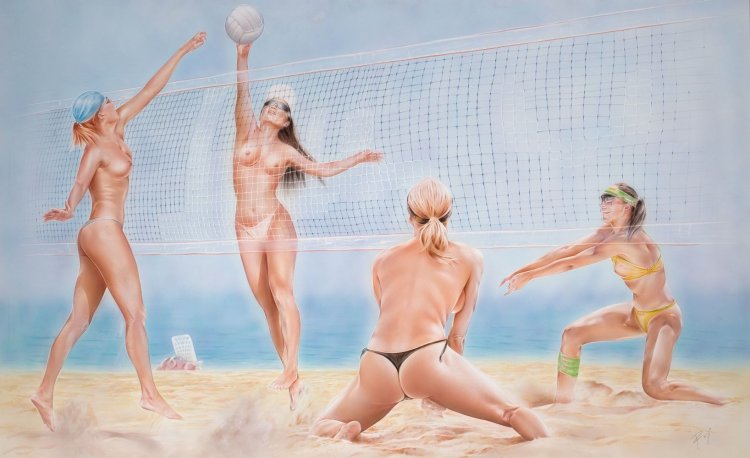 Naked beach volleyball players