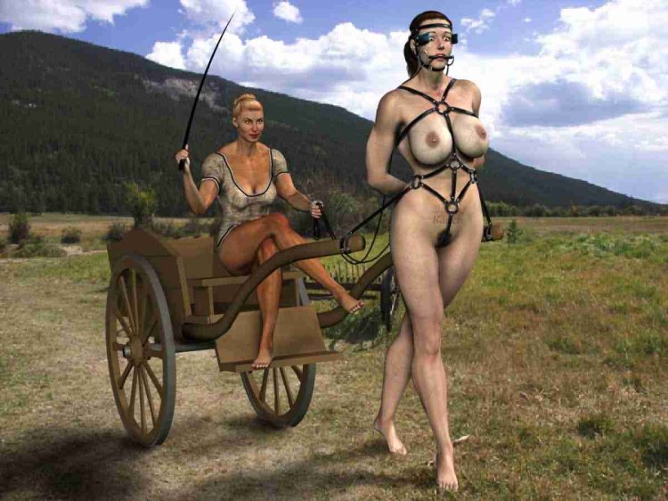 Naked women harnessed into carts