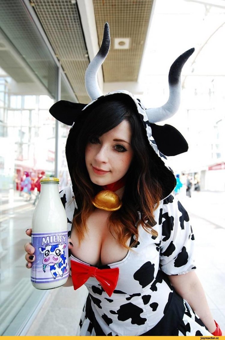 Girls in a cow costume